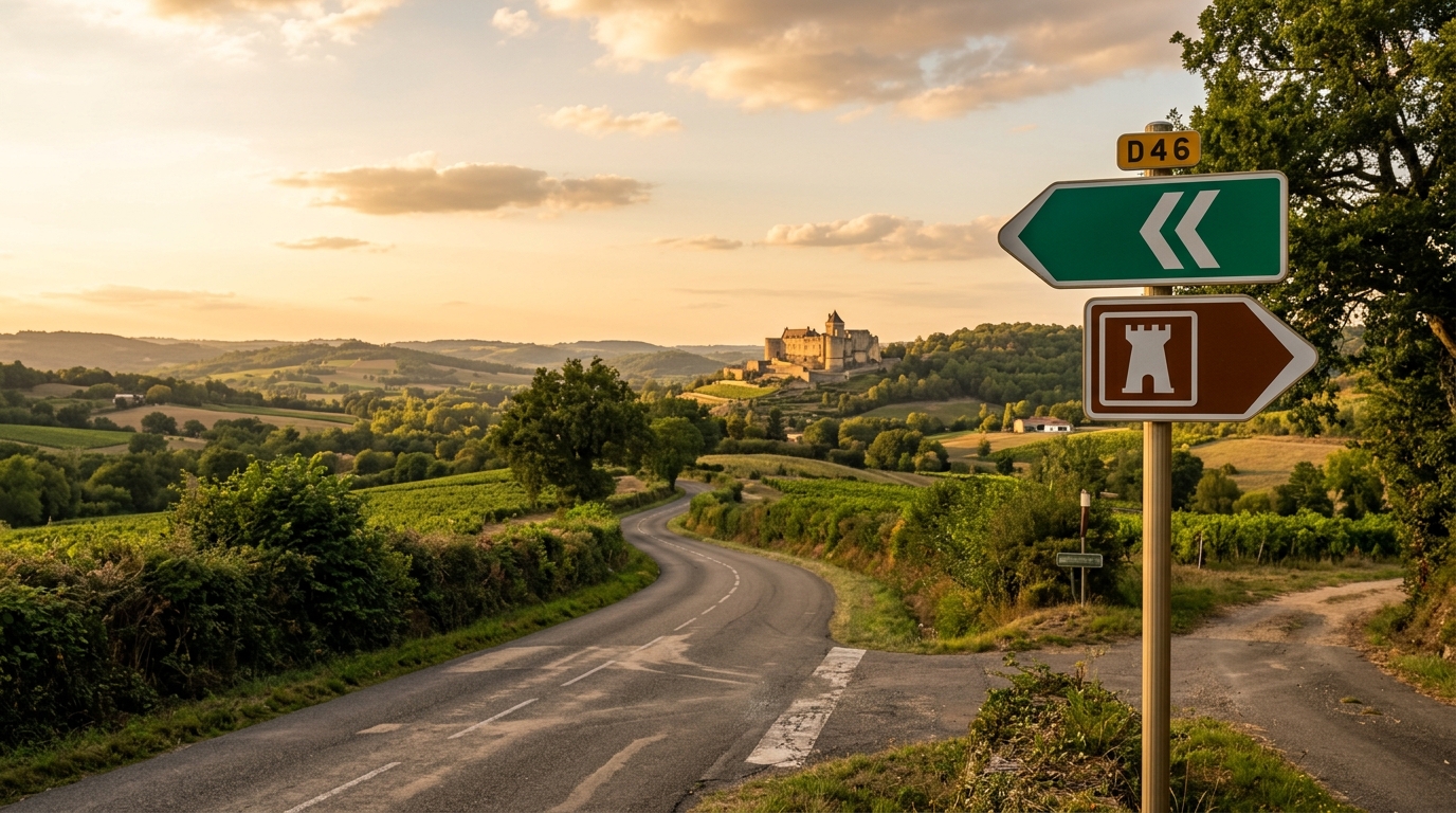 Panneau vert de direction et panneau marron touristique en campagne