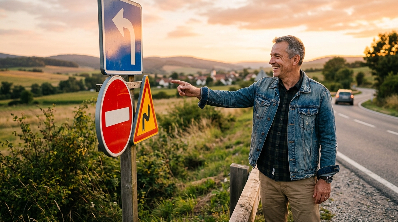 Homme montrant du doigt des panneaux routiers colorés au coucher du soleil