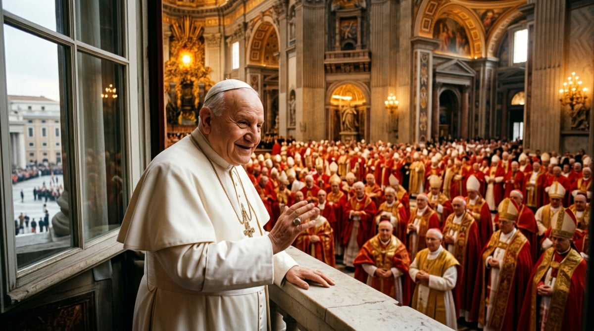 Pape ouvrant le concile Vatican II devant des évêques