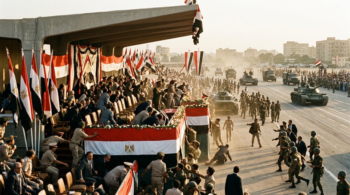 Parade militaire au Caire en 1981 avec la tribune présidentielle