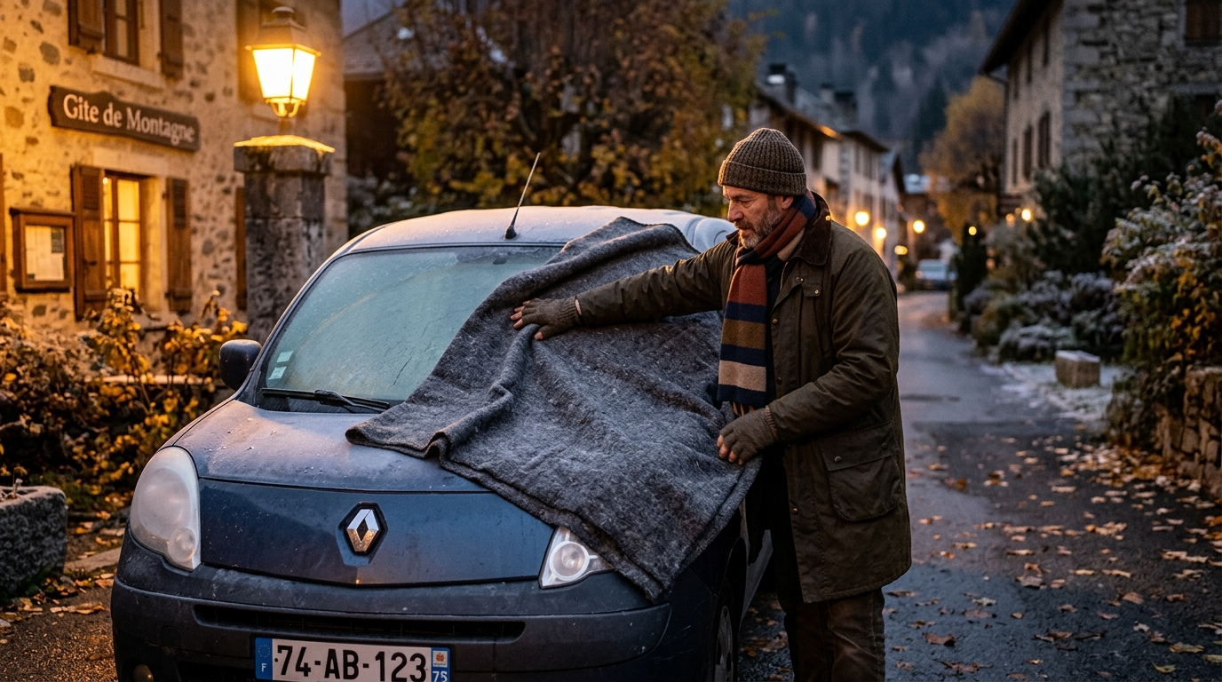 Homme couvrant son pare-brise d'une couverture le soir