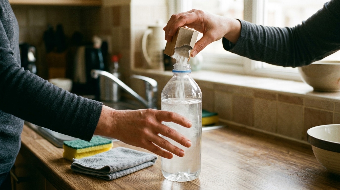 Mains versant de la poudre blanche dans une bouteille d'eau