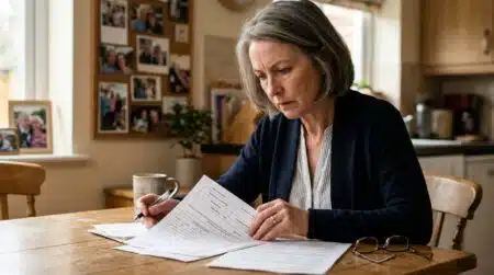 Retraité pensif examinant des papiers sur une table de cuisine
