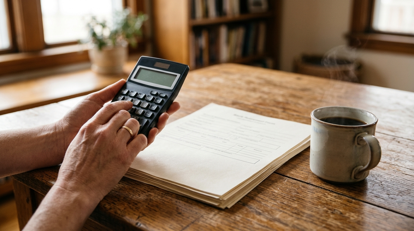 Main tenant une calculatrice près de documents vierges