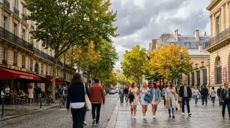 Rue parisienne en octobre sous un ciel qui se couvre