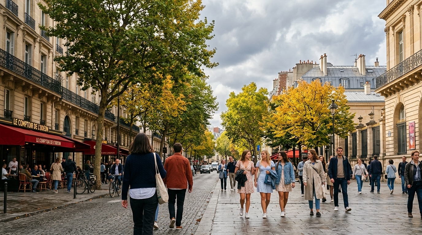 Rue parisienne en octobre sous un ciel qui se couvre