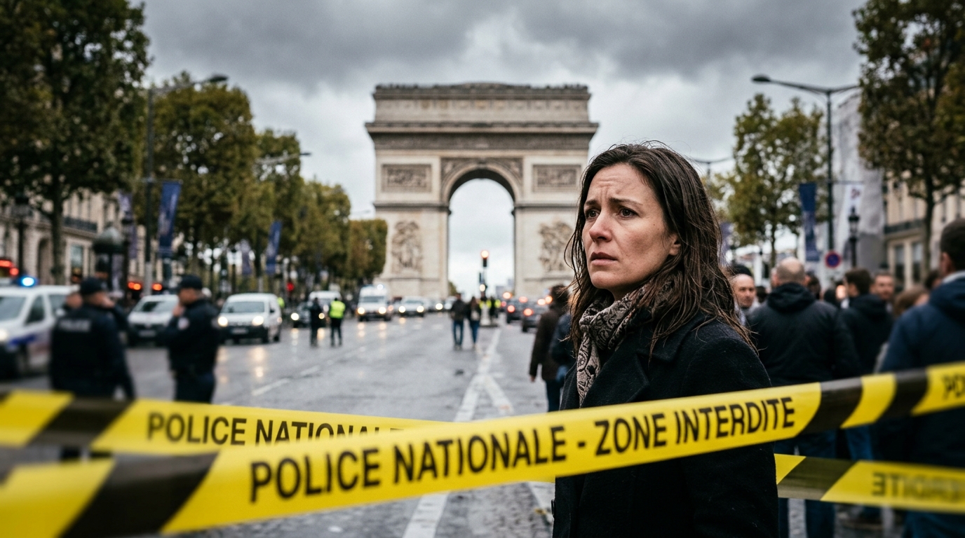 Passant au visage grave devant l'Arc de Triomphe