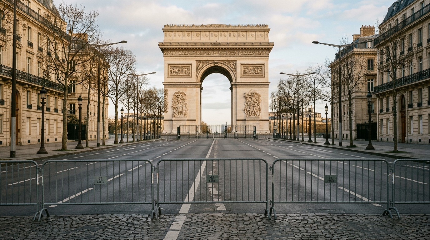 Barrières vides au pied de l'Arc de Triomphe fermé