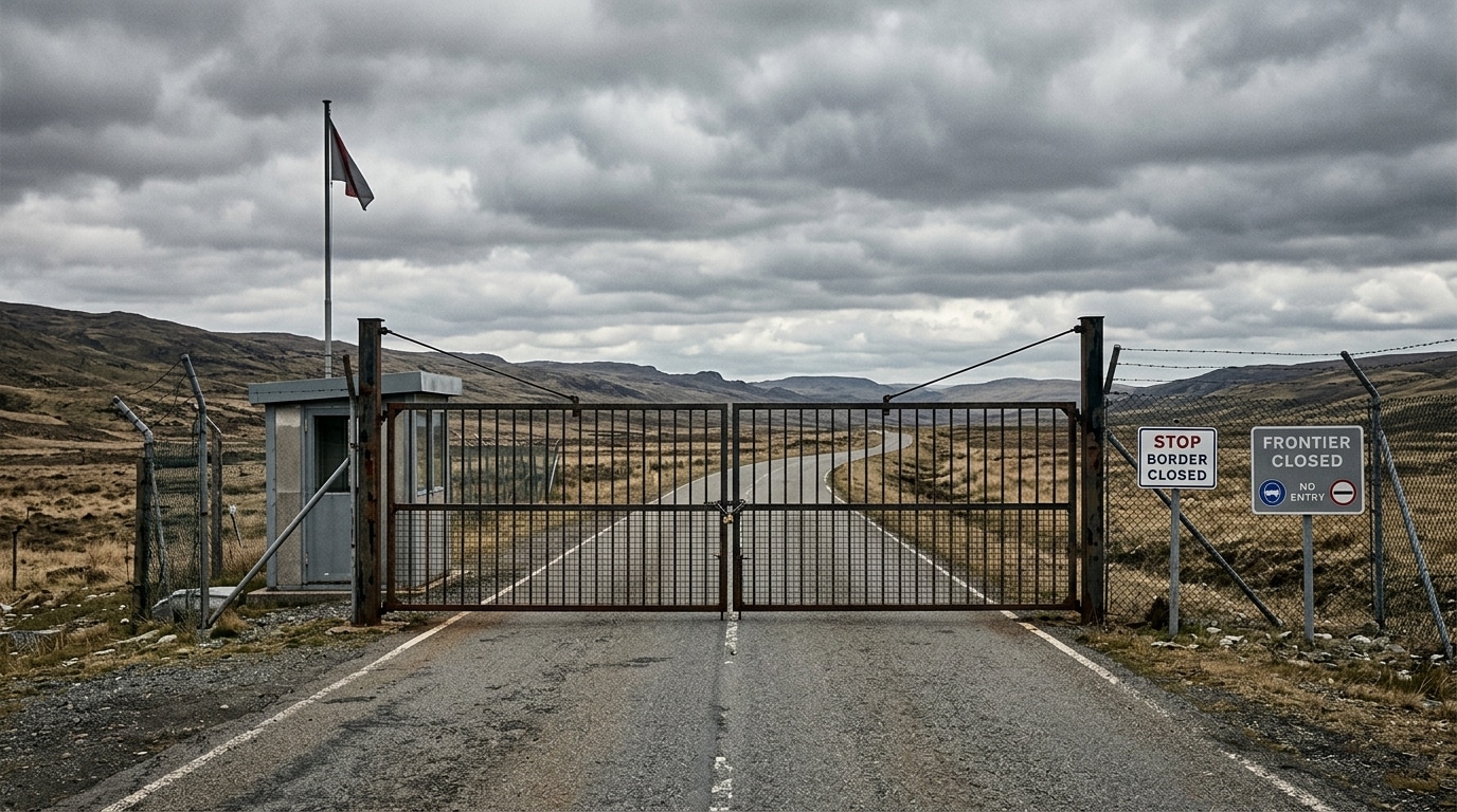 Barrière métallique fermée au milieu d'une route déserte