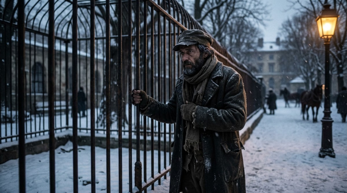 Parisien affamé devant un enclos vide pendant le siège de 1870