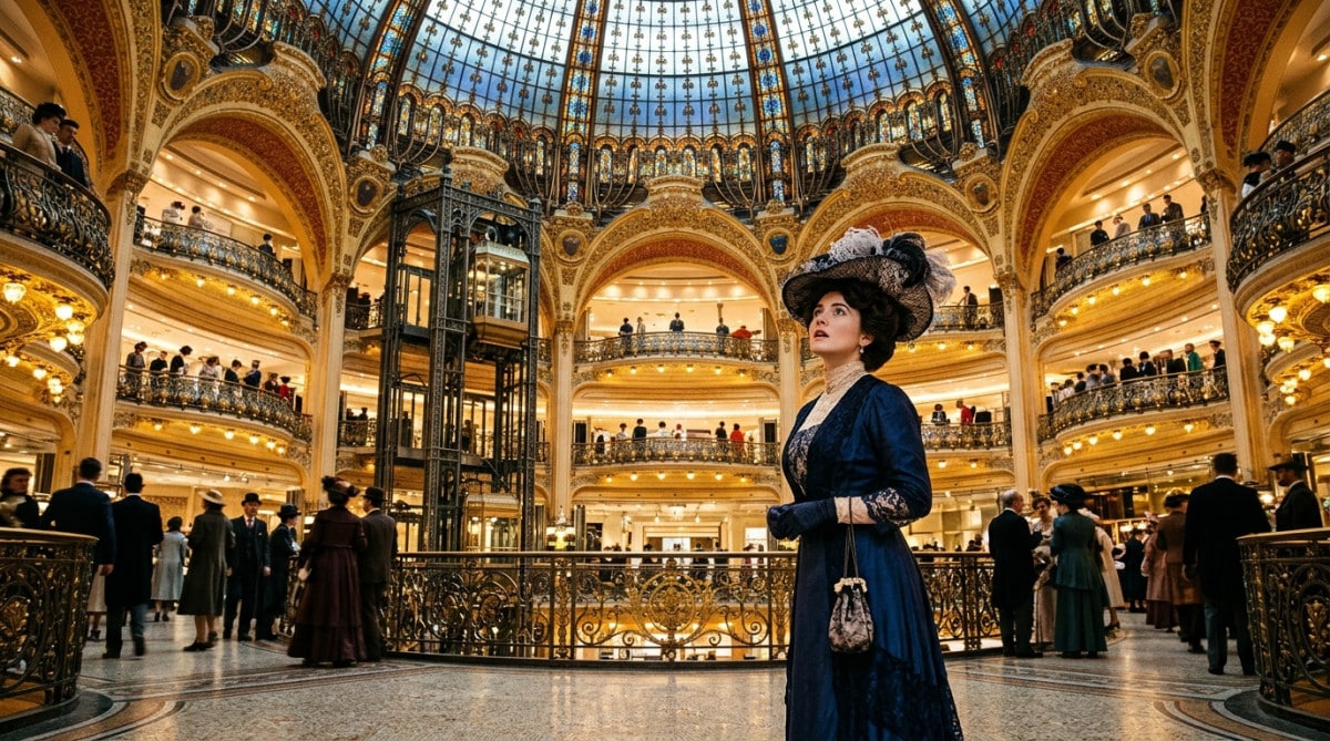 Parisienne regardant la coupole d'un grand magasin en 1912