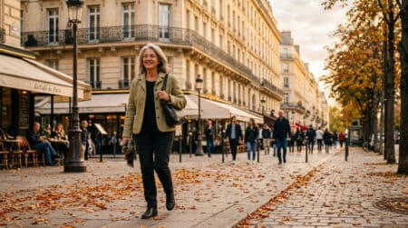 Parisienne souriante en veste légère sous un ciel doux d'octobre
