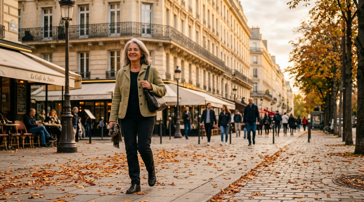 Parisienne souriante en veste légère sous un ciel doux d'octobre