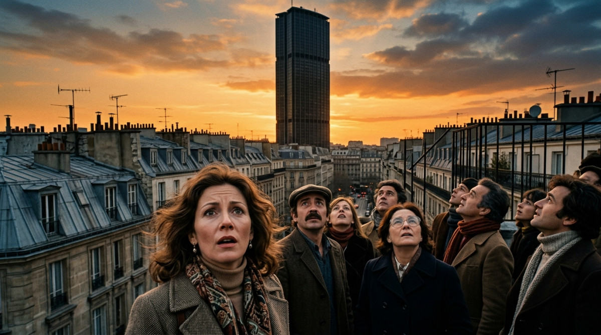 Parisiens des années 1970 face à la tour Montparnasse
