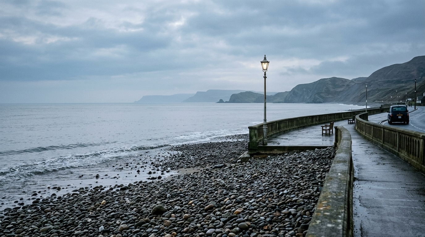 Plage de galets déserte à l'aube sous un ciel gris