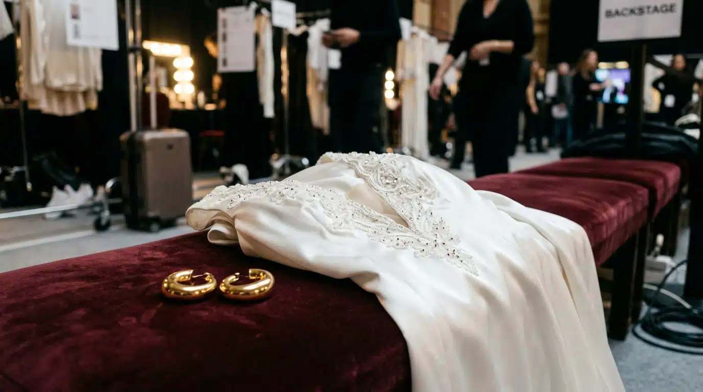 Robe blanche en satin et créoles dorées sur banc