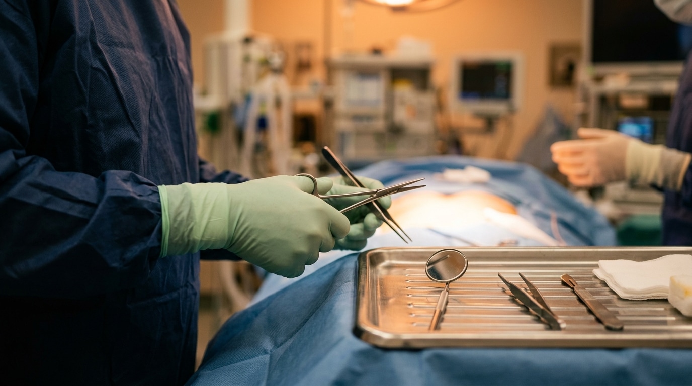 Mains gantées d'un chirurgien avec instruments et miroir