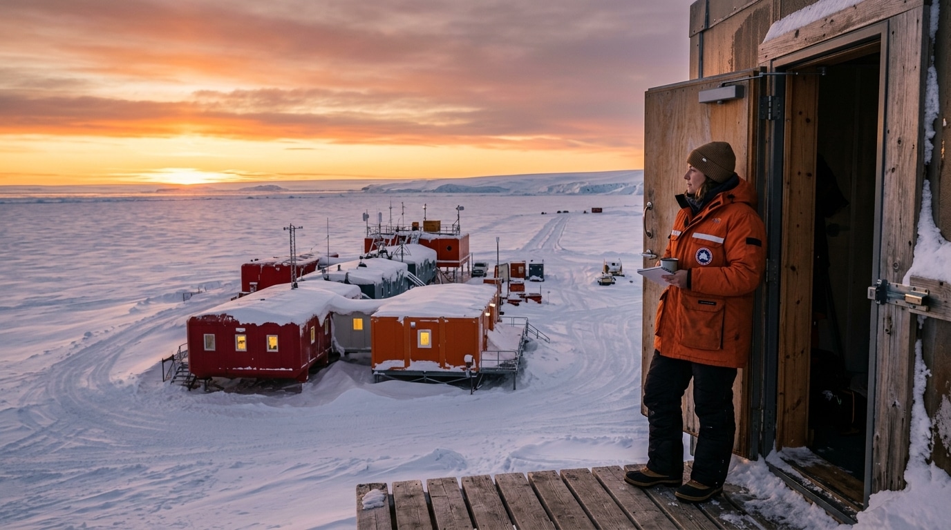Base polaire isolée en Antarctique au coucher du soleil