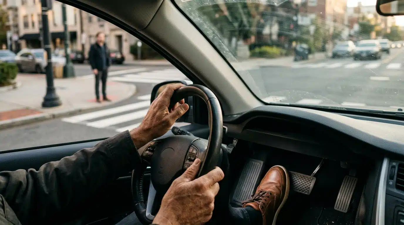 Mains d'un conducteur au volant devant un piéton qui attend