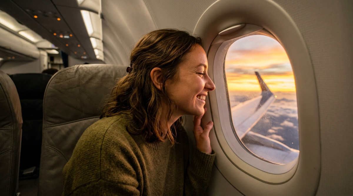 Passagère amusée collée à un hublot d'avion ovale