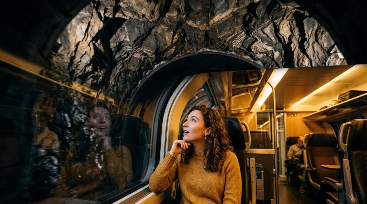 Passagère étonnée dans un train traversant un tunnel alpin
