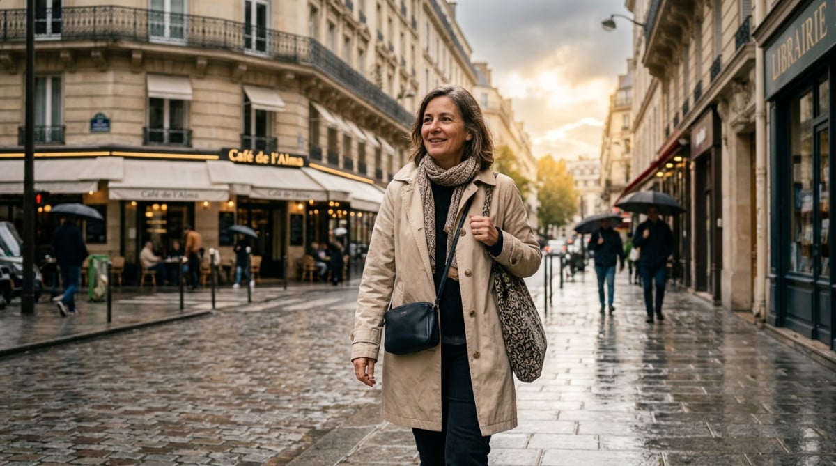 Passante en imperméable dans une rue de Paris sous la bruine