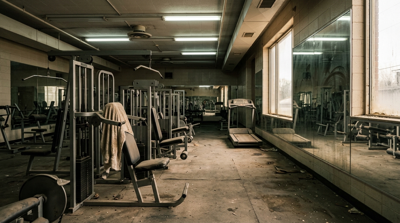 Salle de sport vide aux machines figées sous néons