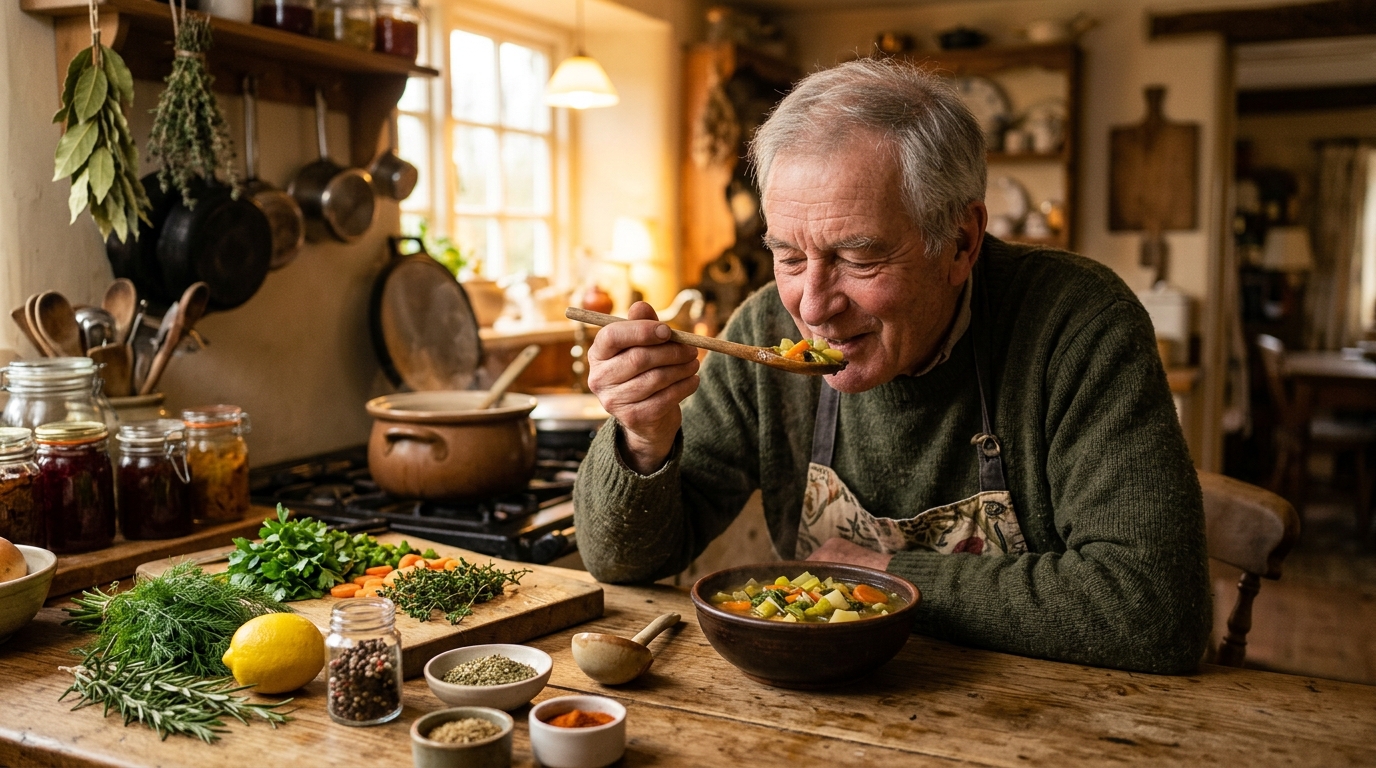 Homme goûtant une soupe aux herbes sans sel