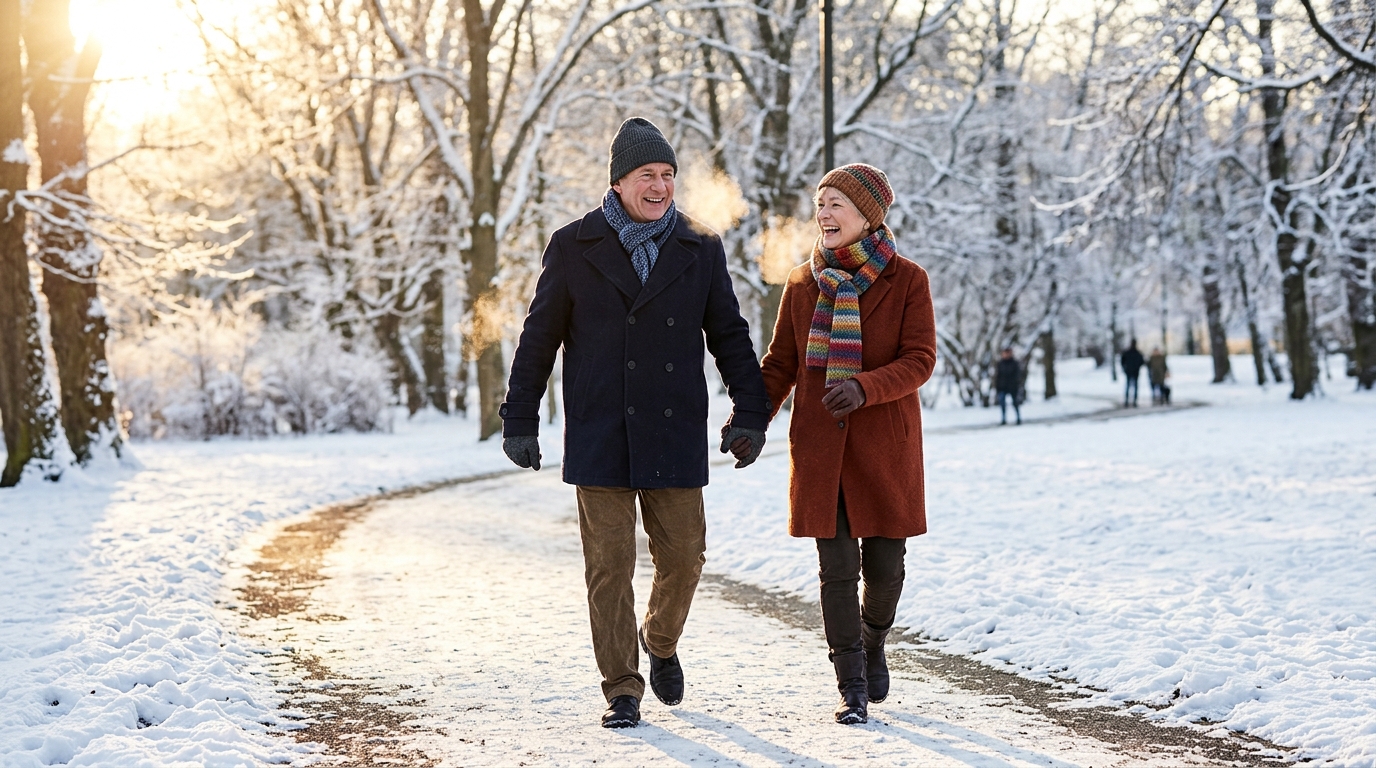 Couple de seniors marchant d'un pas vif en hiver