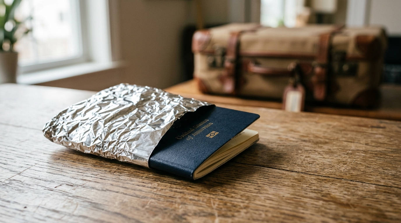 Passeport à moitié emballé dans du papier aluminium froissé