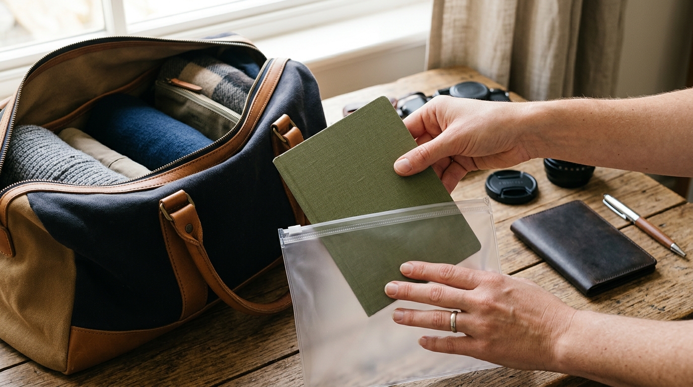 Mains glissant un livret dans une pochette de protection