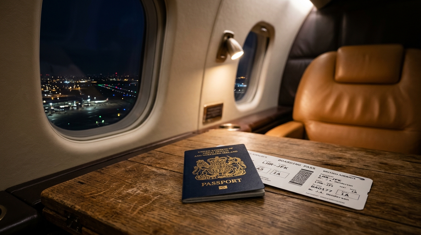 Passeport fermé posé près d'un hublot d'avion sur piste nocturne