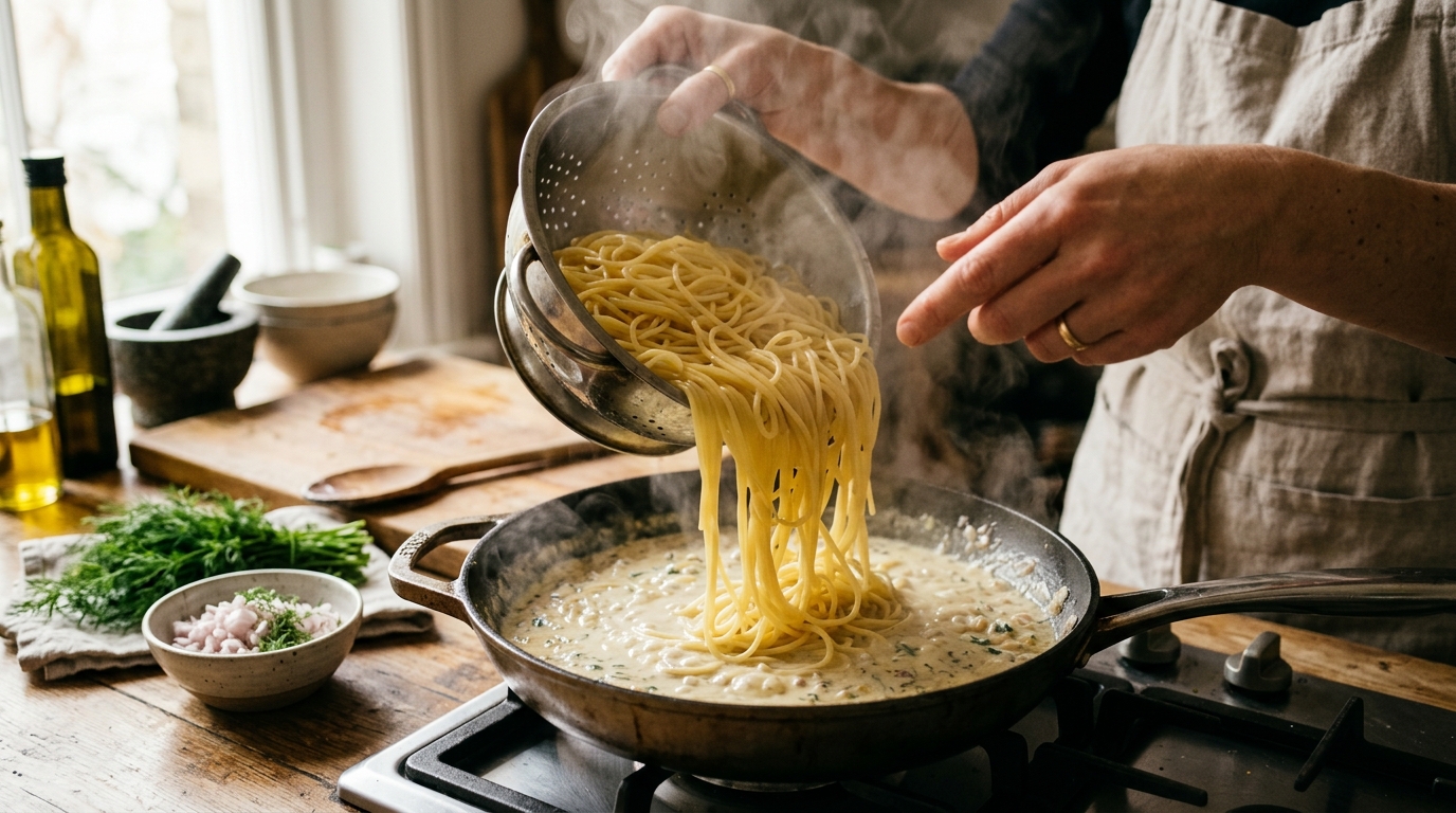 Mains versant des pâtes chaudes dans une sauteuse crémeuse