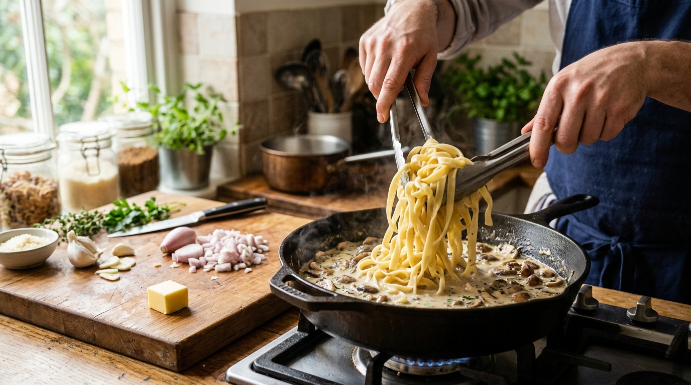 Mains mélangeant pâtes et sauce aux champignons dans une poêle