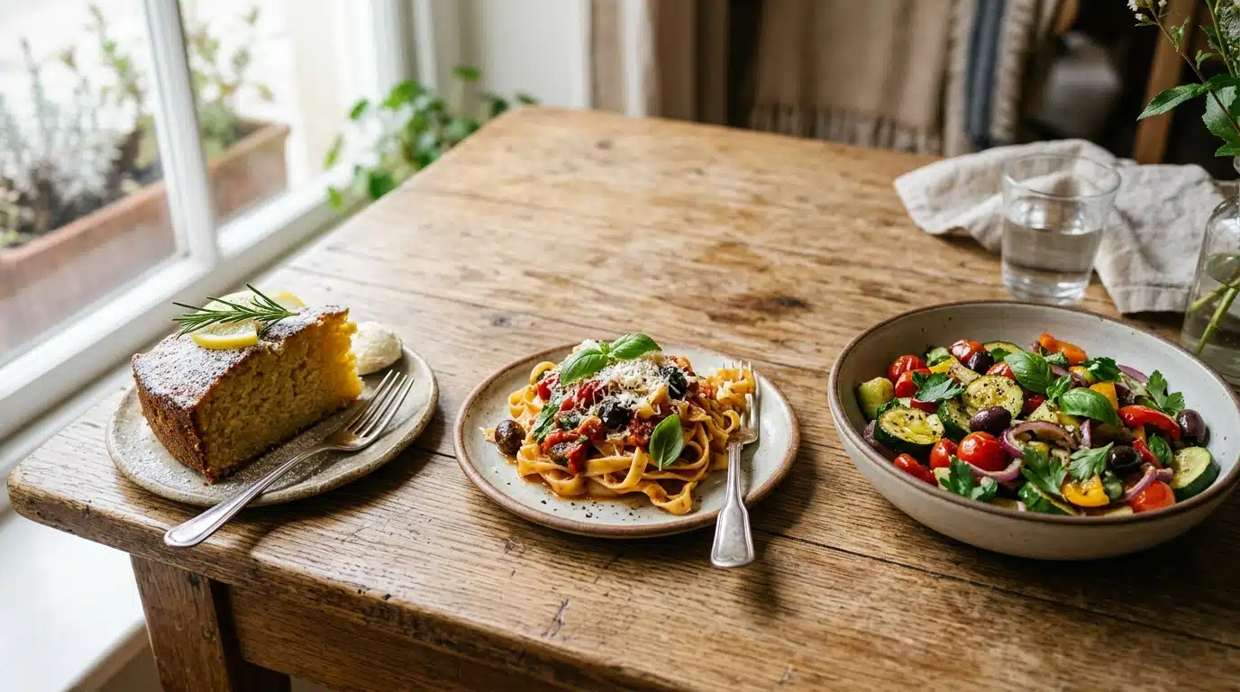 Assiette de pâtes, gâteau et légumes méditerranéens sur une table en bois