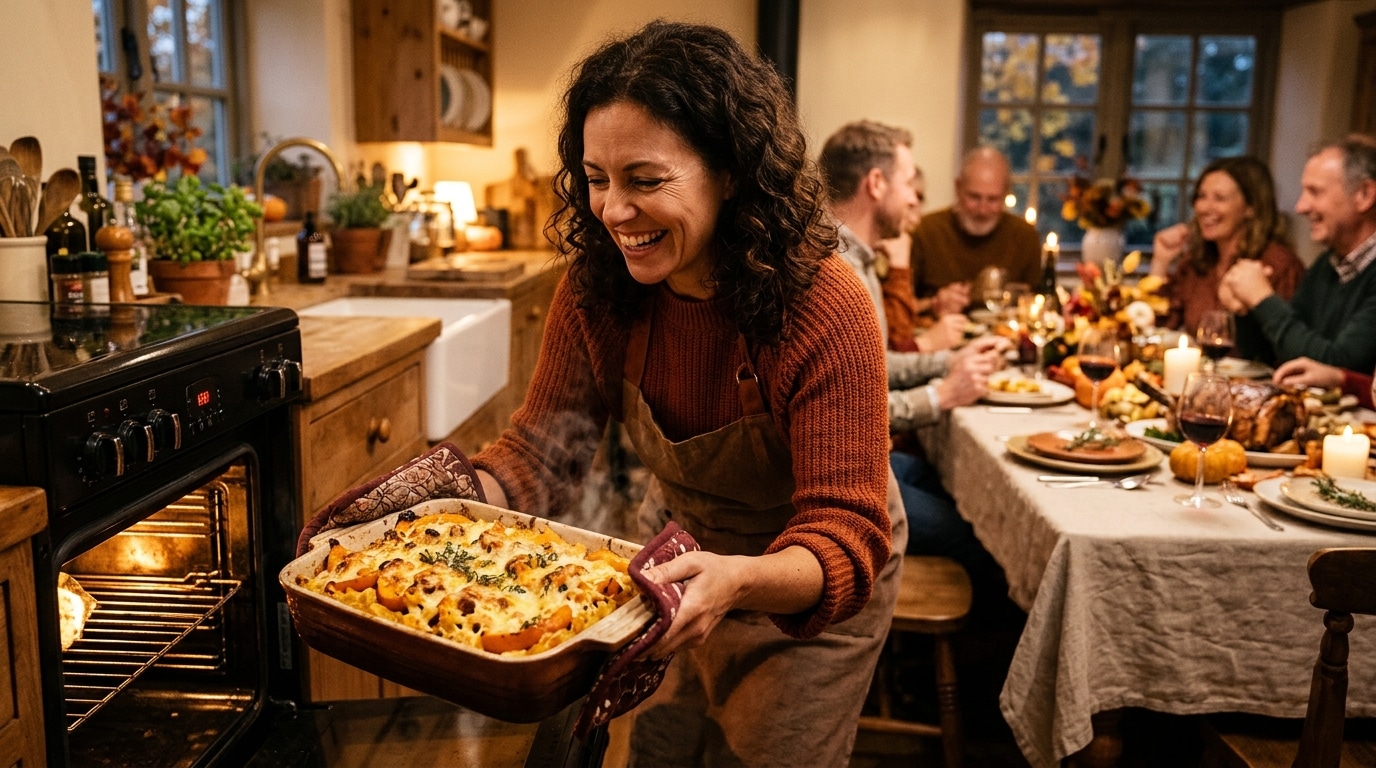 Femme sortant un gratin de pâtes au potiron du four