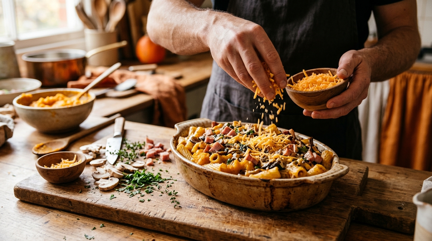 Gratin de pâtes au potiron avec restes de jambon et fromage