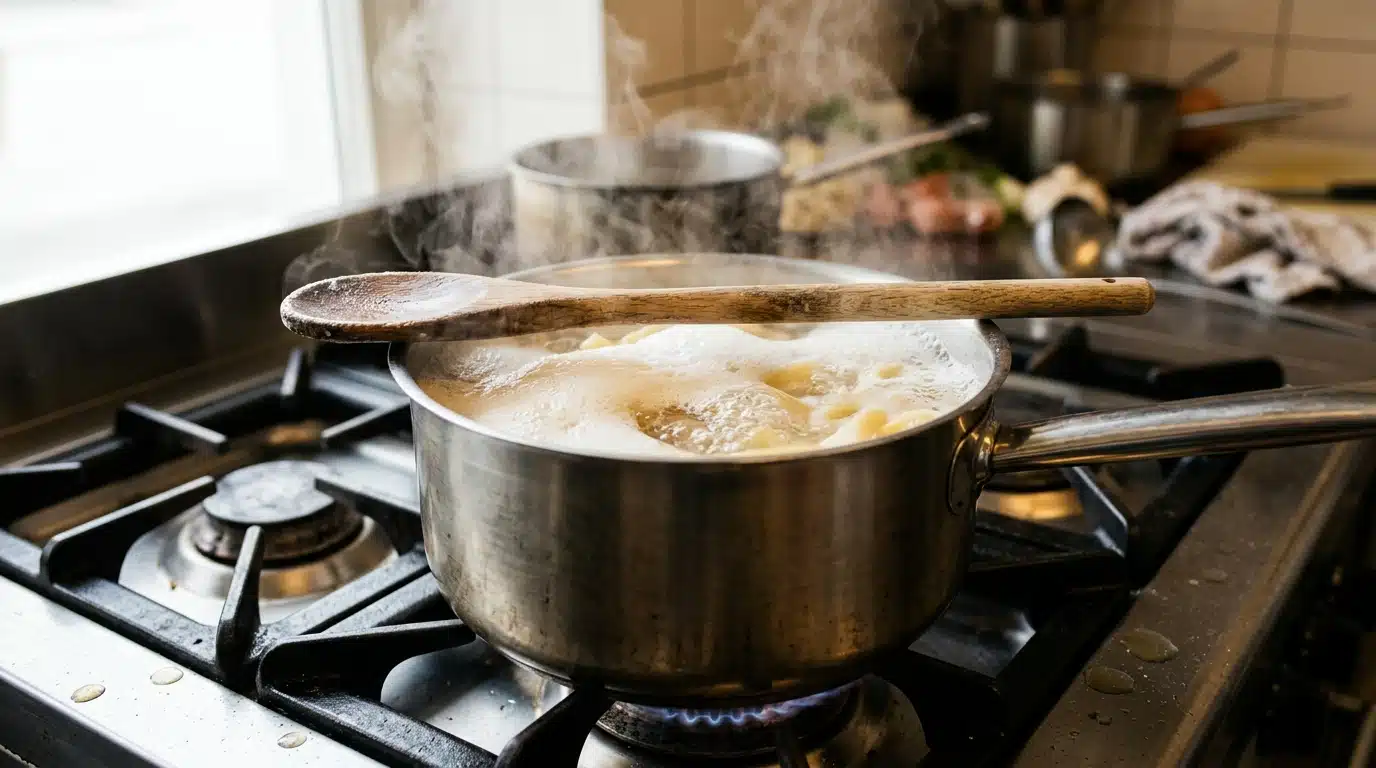 Cuillère en bois en travers d'une casserole d'eau mousseuse