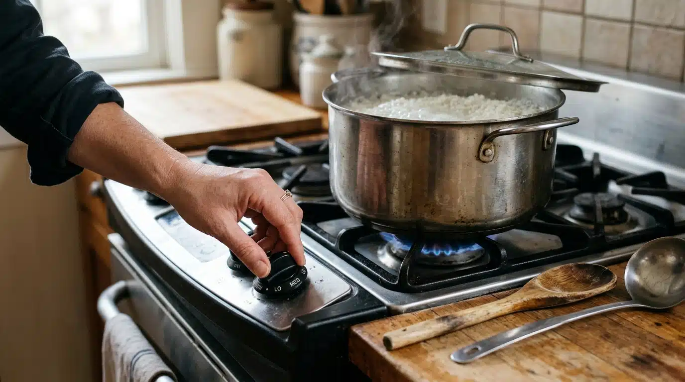 Main baissant le feu près d'une casserole et d'ustensiles