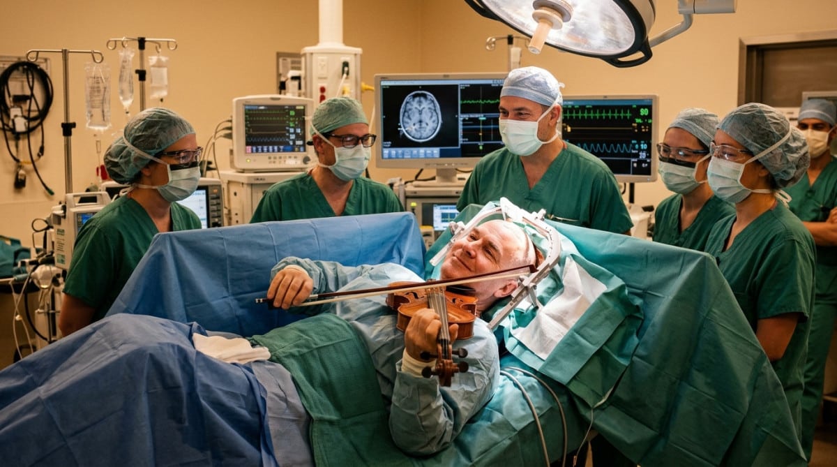 Patient éveillé jouant du violon pendant une opération du cerveau