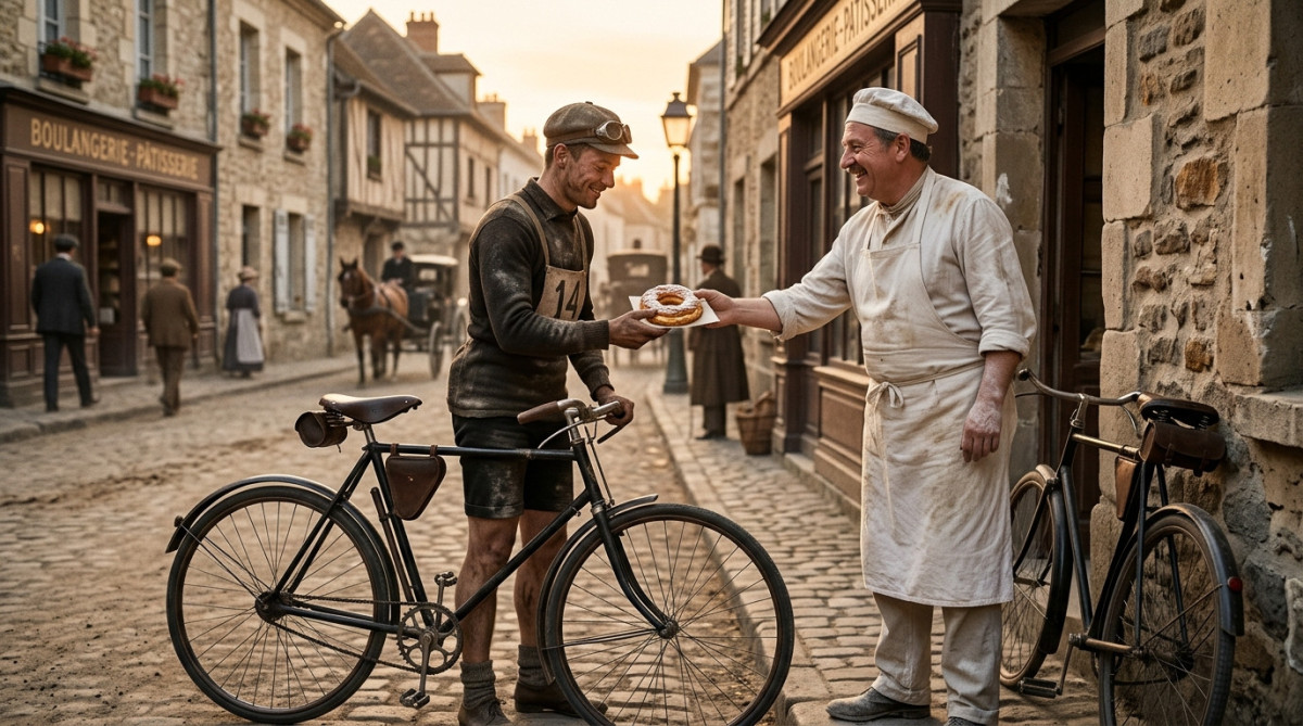 Pâtissier offrant un gâteau en couronne à un cycliste vers 1910
