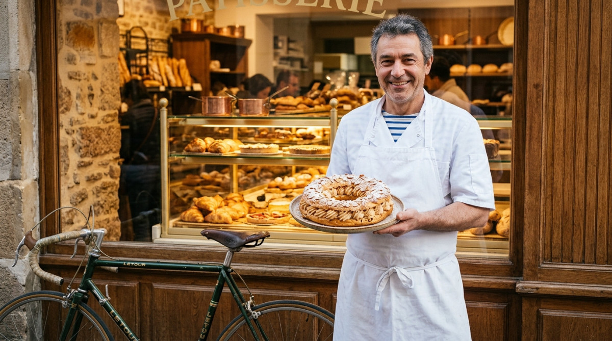 Pâtissier présentant un Paris-Brest doré près d'un vélo ancien