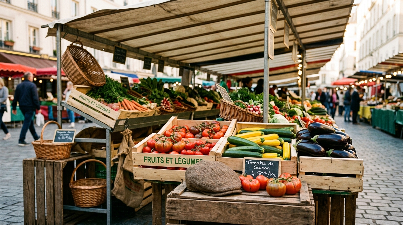 Étal de légumes frais sur un marché parisien, ambiance chaleureuse