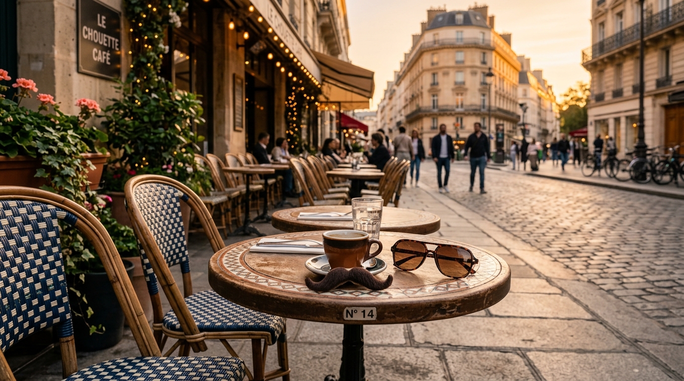 Terrasse de café parisien avec lunettes et fausse moustache posées sur la table