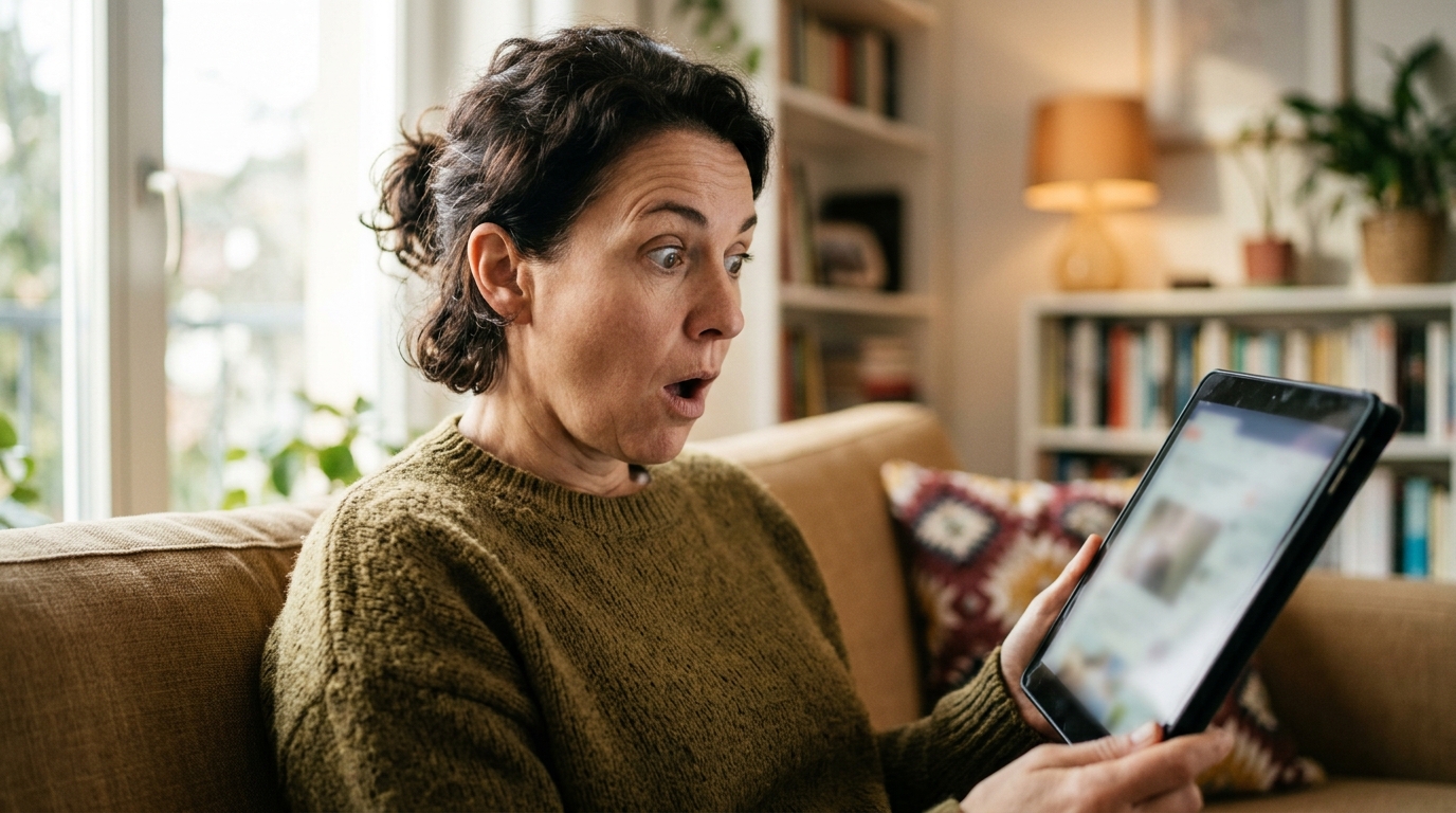 Spectateur stupéfait devant une tablette dans un salon