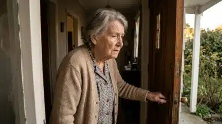 Vieille dame hésitante derrière sa porte entrouverte