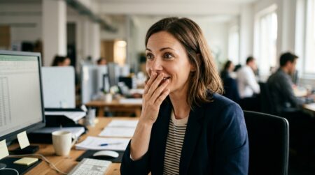 Employée de bureau au visage stupéfait et souriant
