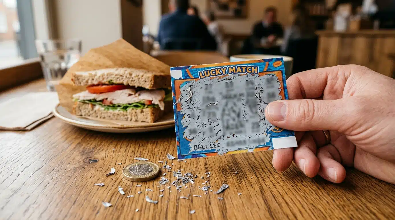 Ticket à gratter gratté et pièce sur une table