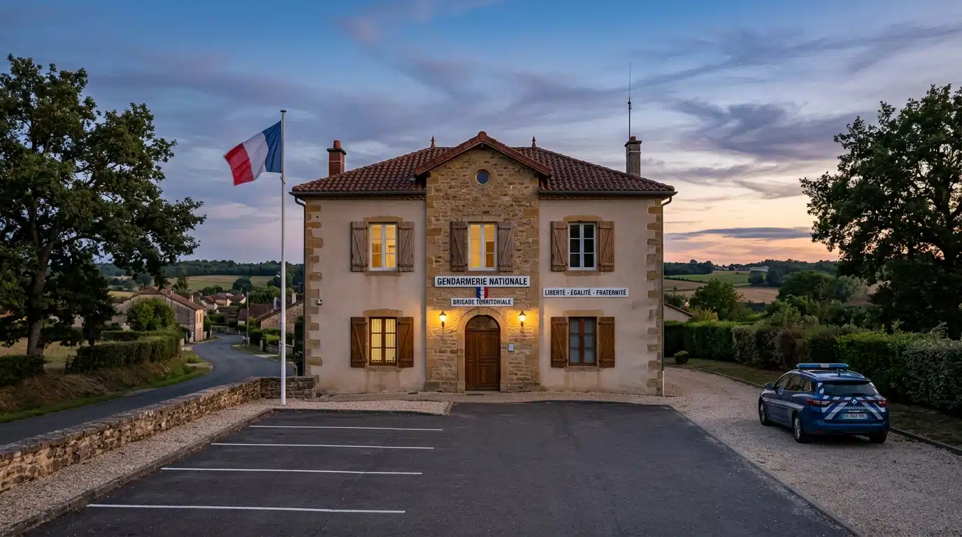 Façade d'une gendarmerie au crépuscule avec drapeau tricolore