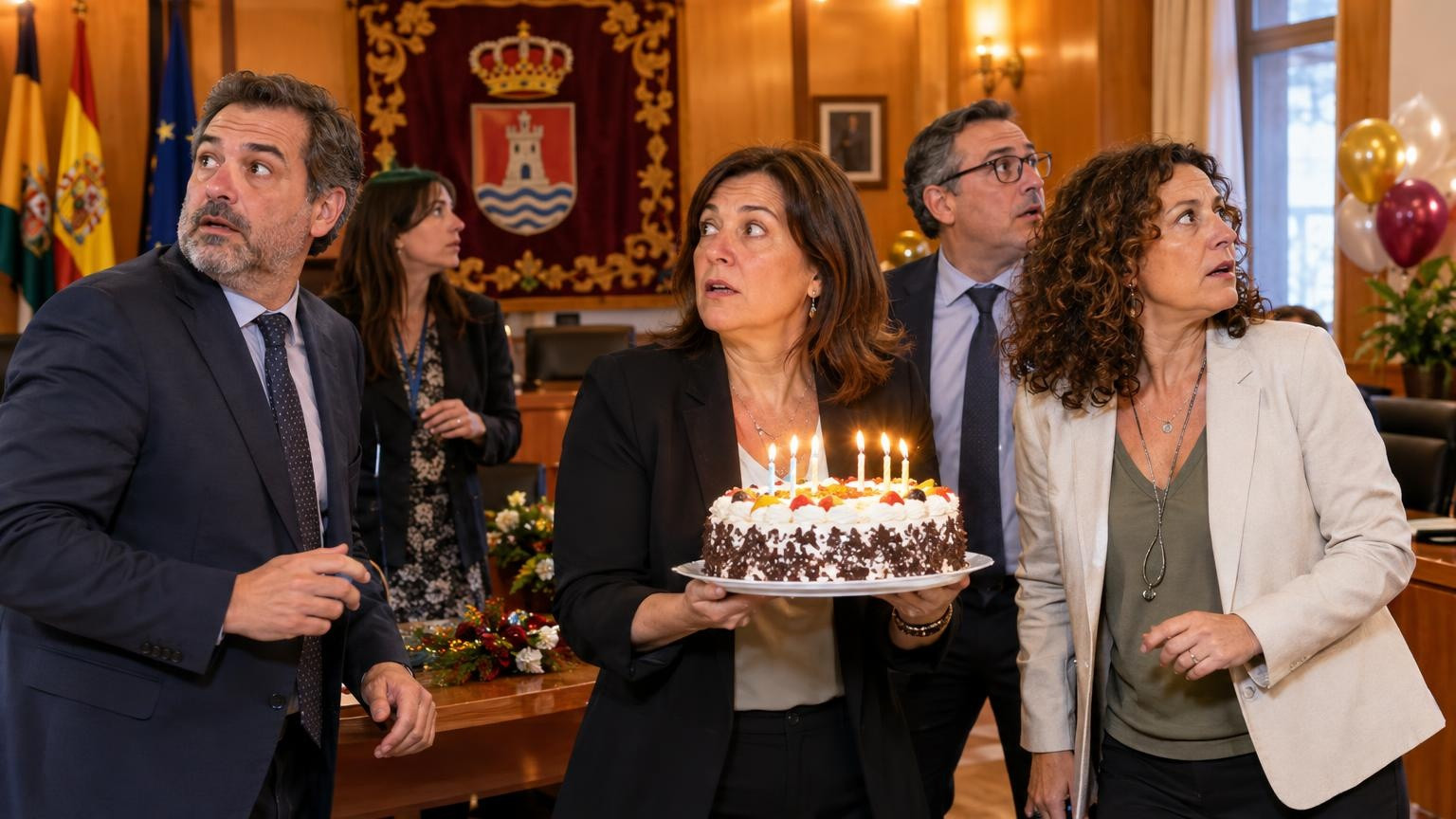 Collègues surpris autour d'un gâteau d'anniversaire